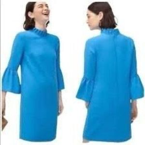 J Crew Women’s Size 6 Bell Sleeve Shift Dress Blue High Neck Ruffle Zip Up